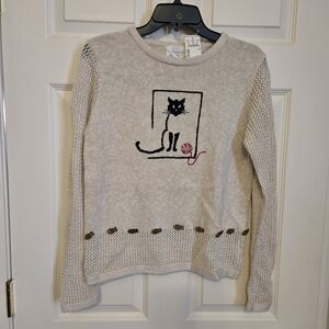 Cat With Yarn Embroidered NWT Christopher & Banks Beige Sweater Size Small
